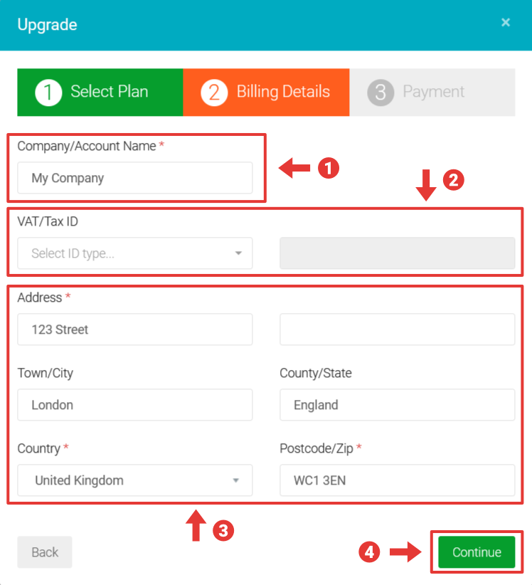 Social Media Influencer Platform – Billing details form to upgrade expired free trial account