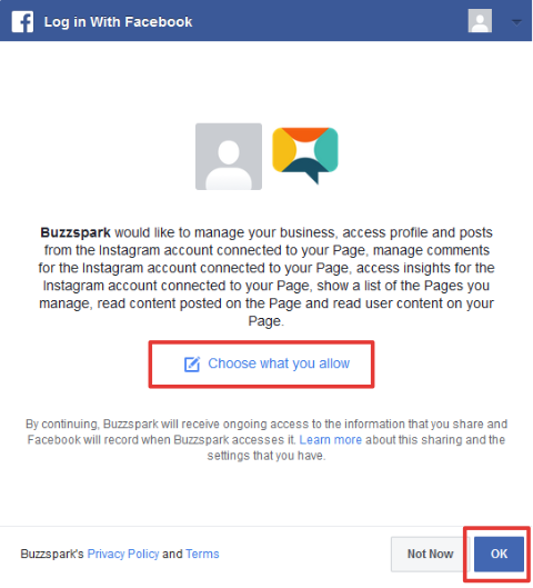 Grant access to Buzzspark in Facebook