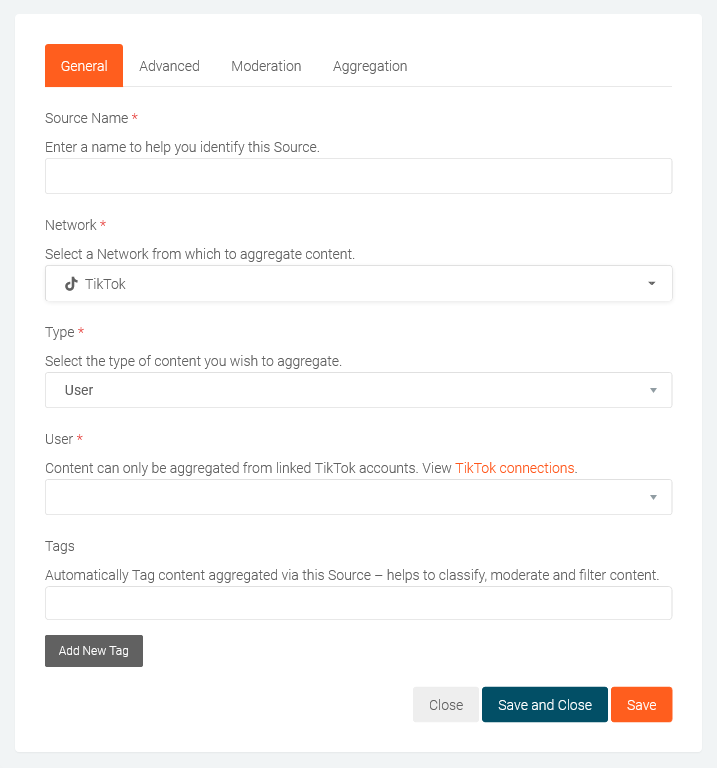 Social Aggregator– Creating TikTok source in general tab