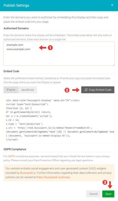 UGC Widget Display Publish settings